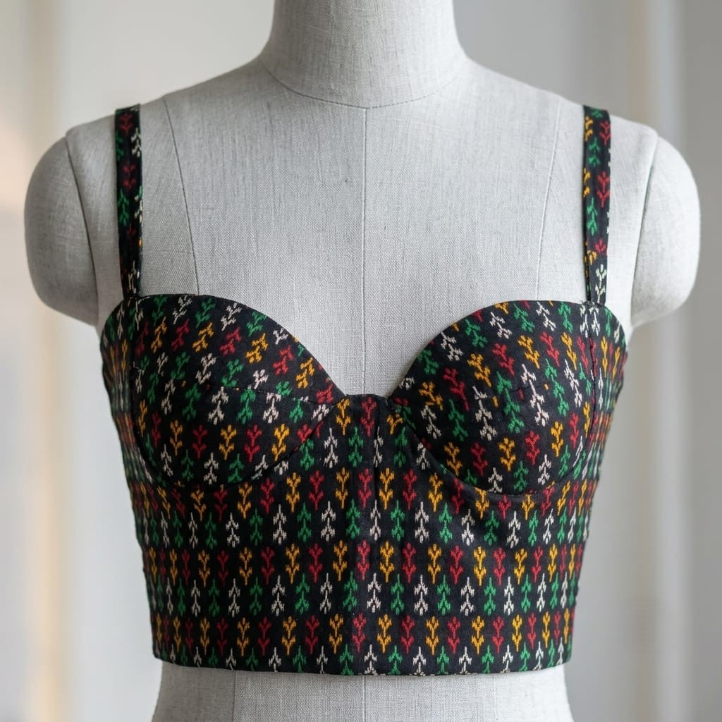 A bustier-corset top with a repeating multicolor ikat pattern on a black base, displayed on a light gray fabric dress form mannequin.