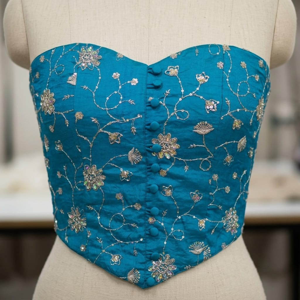 A turquoise blue strapless corset bustier with intricate gold floral embroidery and button closures, displayed on a beige fabric dress form.